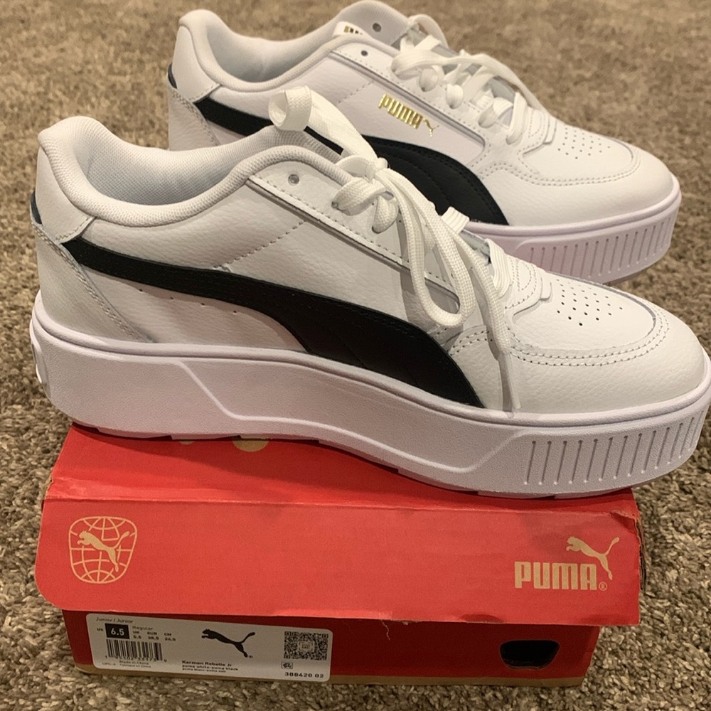 Puma Kids Sneakers in White with Black and Gold Accents